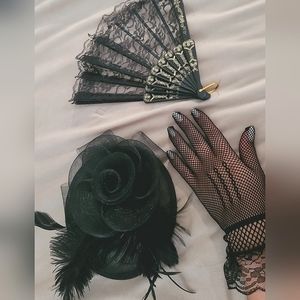 Black Fascinator gloves and fan derby hat